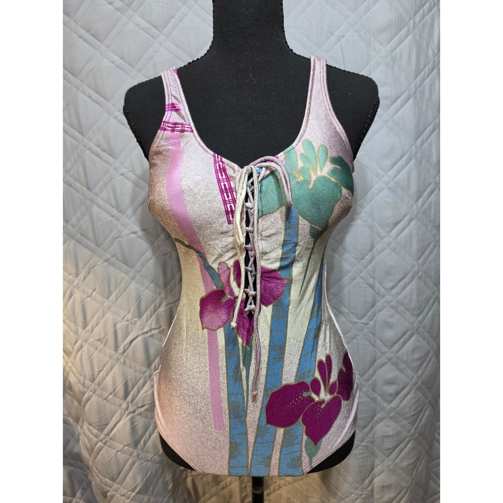 Vintage Gottex I Magnin Floral Lace Up One Piece Swimsuit Metallic Purple 12/34